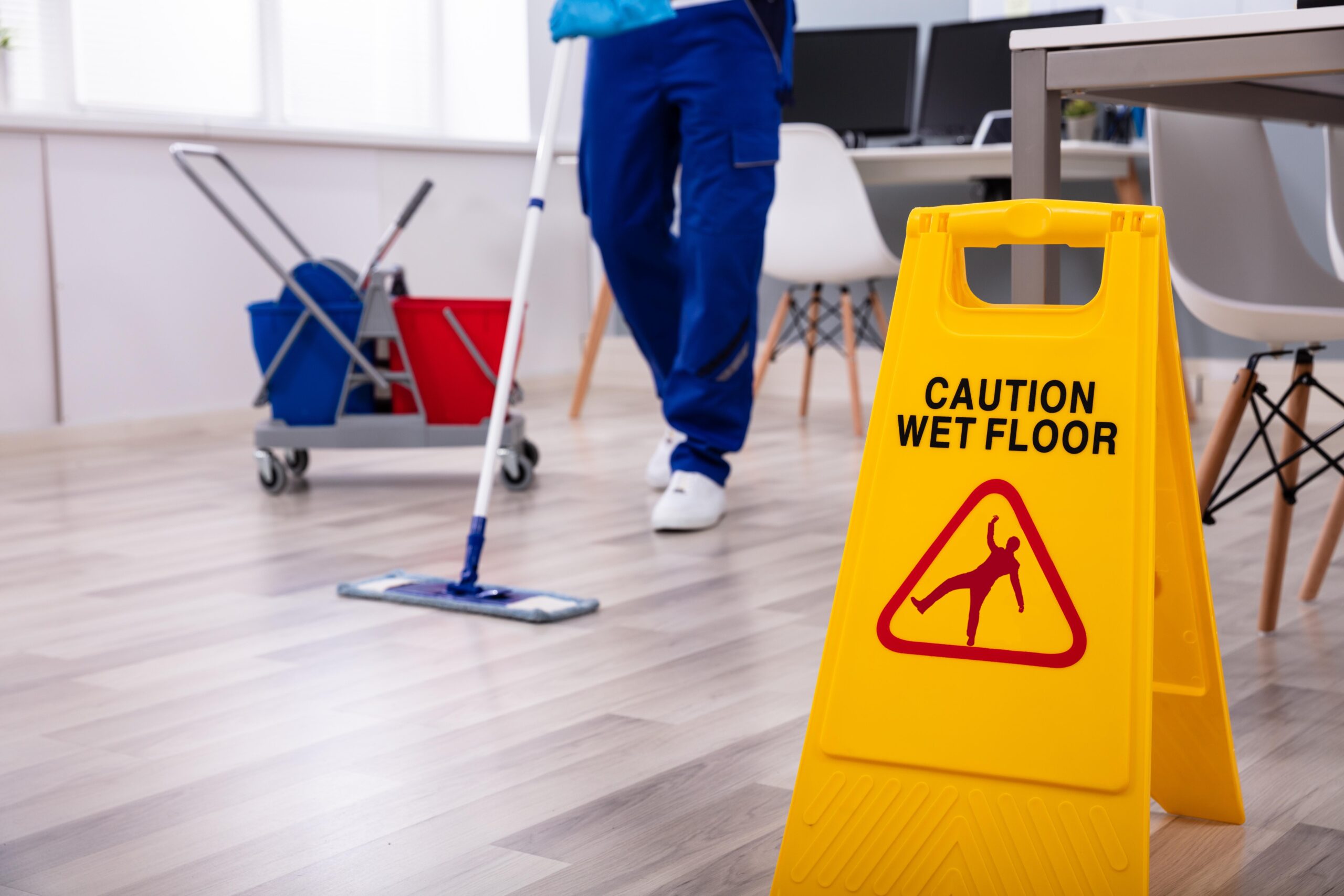 Janitor With Mop Cleaning Office